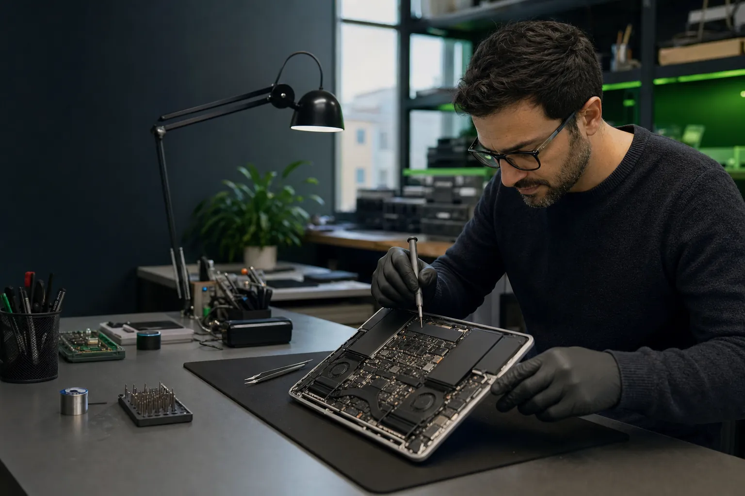 Dettaglio illustrativo dei componenti di un computer durante una verifica tecnica